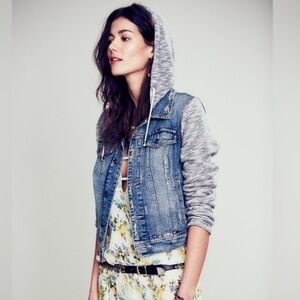 Free People Denim Jacket with Gray Jersey Sleeves and Hood Sz Lg
